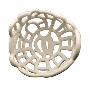 A white ceramic bowl with a detailed, web-like design placed against a black background.