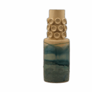 A ceramic vase with a smooth upper section and a textured lower section in hues of cream and turquoise.