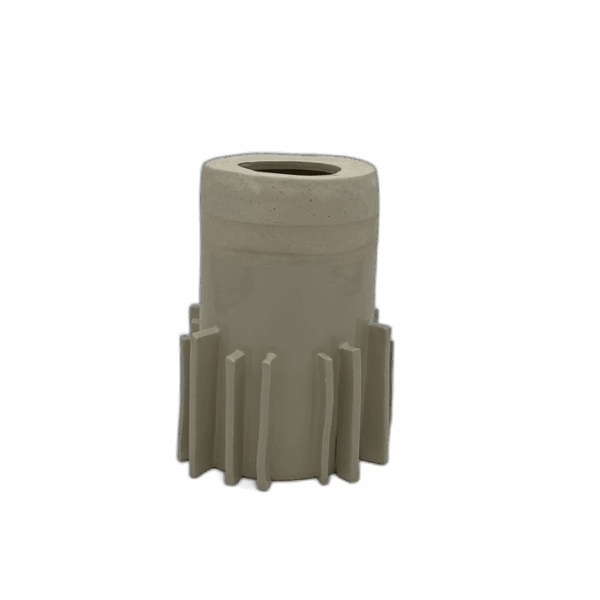 A beige ceramic vase with a smooth round top and vertical ridges near the bottom.
