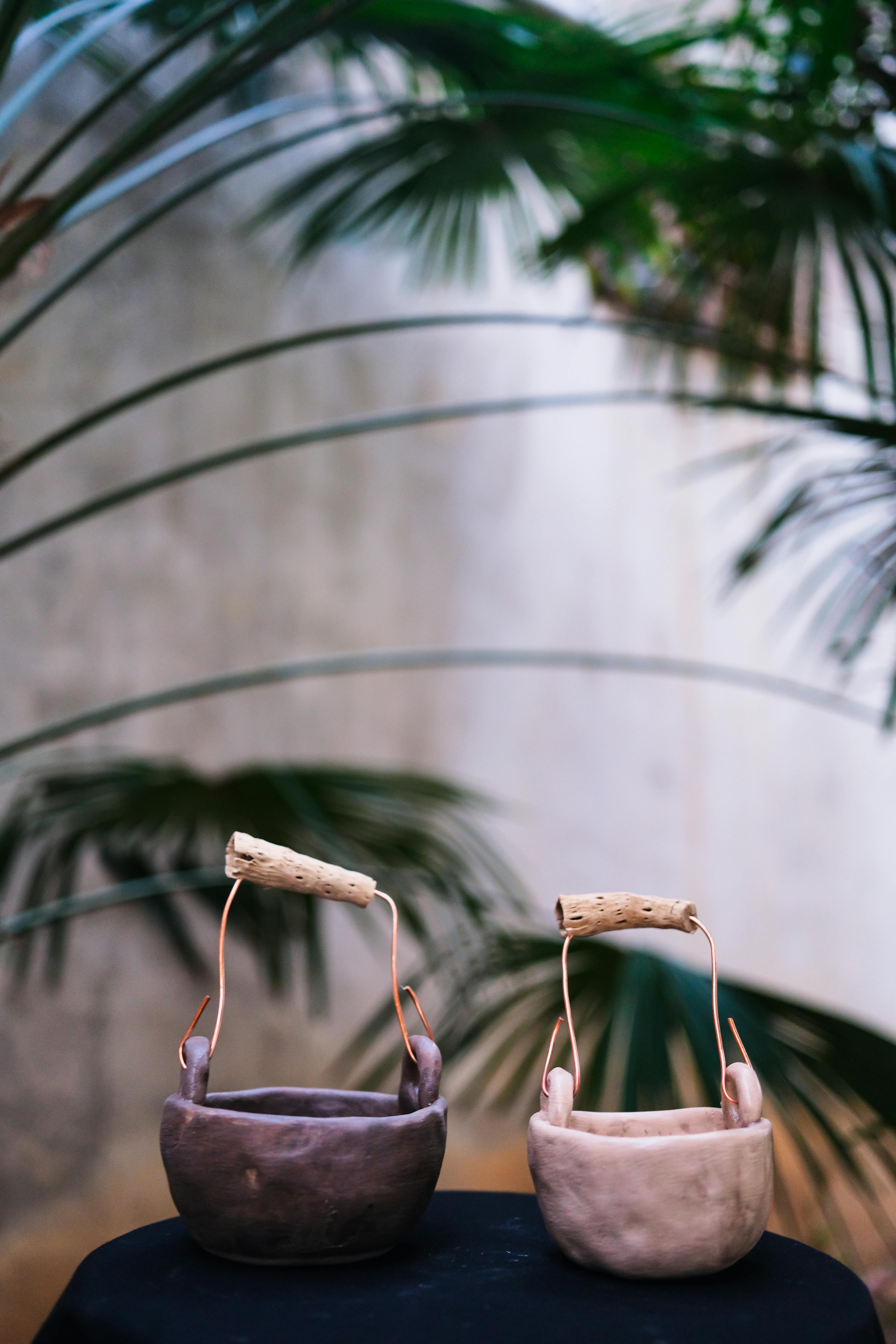 Two handmade ceramic bowls with wooden handles artfully displayed with a natural plant background.