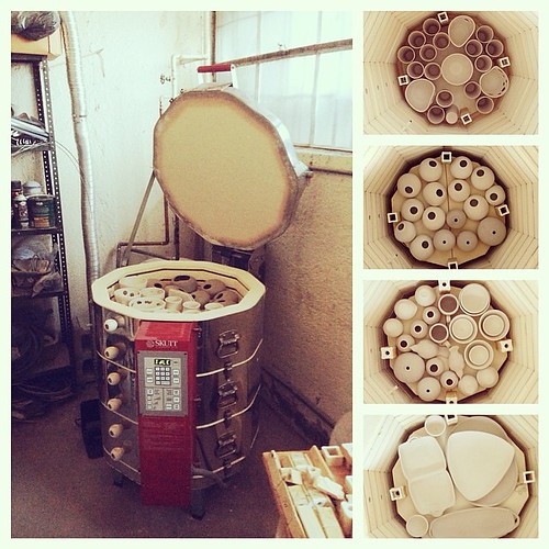 Locked + loaded! Between my compadre, Mary Cay, and I - we managed to pack a tight bisque kiln yesterday afternoon. I owe it all to her Tetris like packing skills! #bisque #ceramics #pottery #clay #skutt #tetris