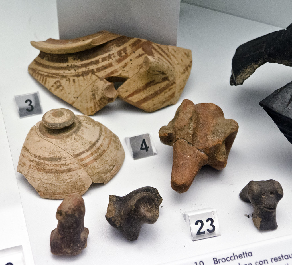 Acquarossa: fragment of an Etruscan subgeometric stamnoid olla, ceramic lid, and four animal-head fragments from vases