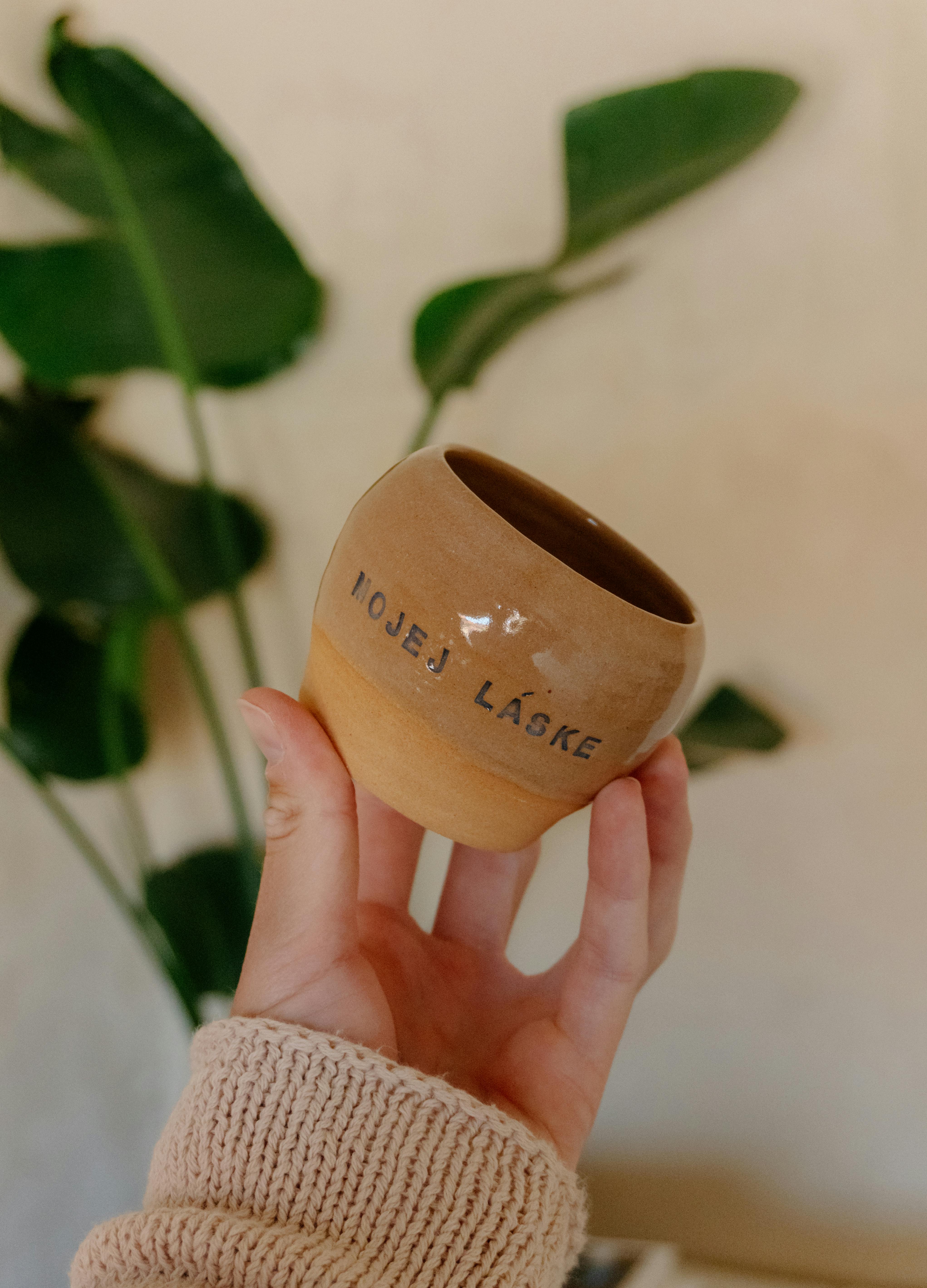 A hand holds a ceramic cup with text, against a green plant background indoors.