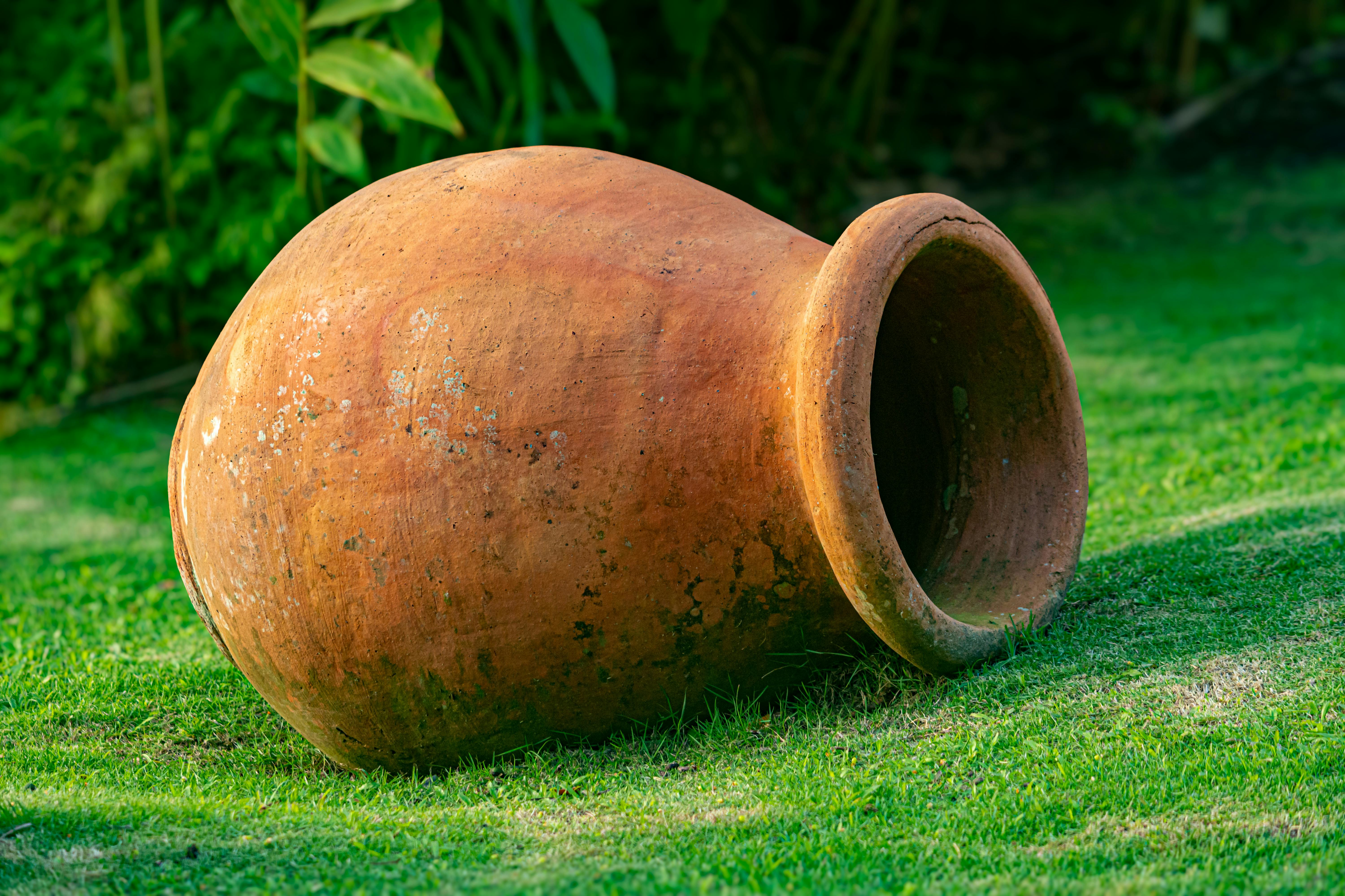A rustic clay pot lies on vibrant green grass in a garden setting, evoking a peaceful outdoor ambiance.